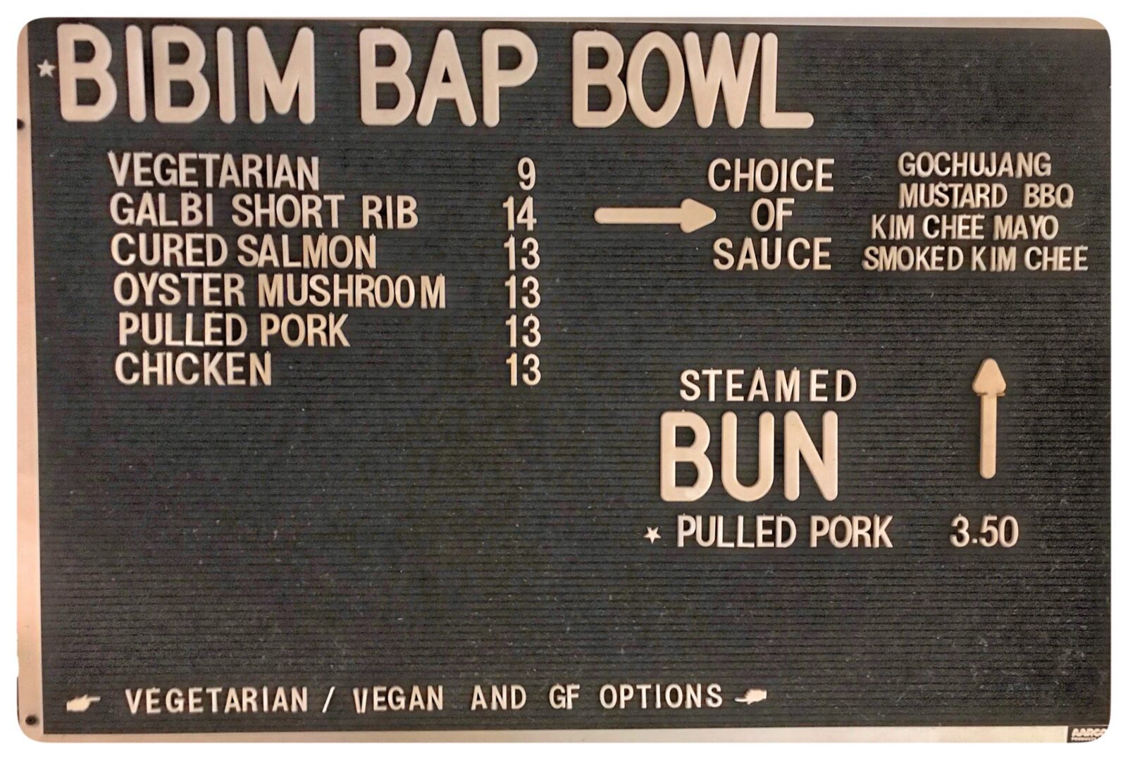 A sign for the bim bap bowl.