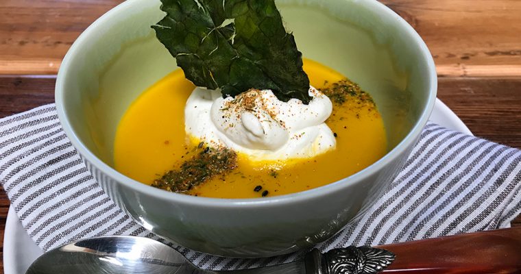 Carrot & Meyer Lemon Bisque, Togarashi Cream, Crispy Kale