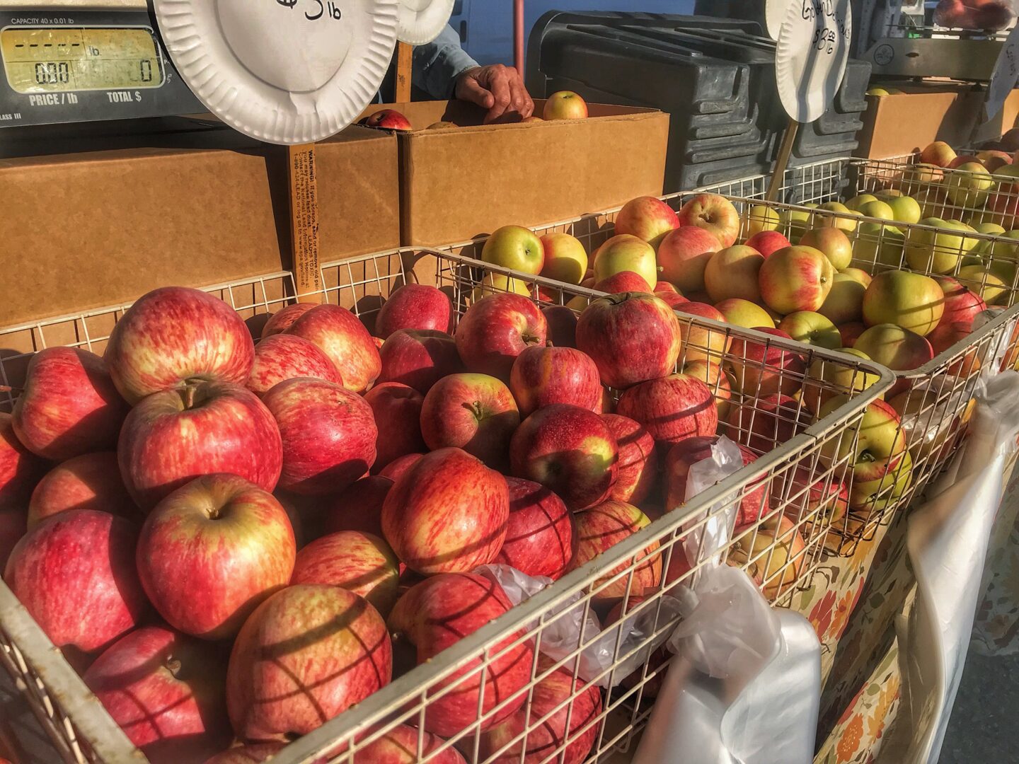 Apples in baskets on a table at an outdoor market.