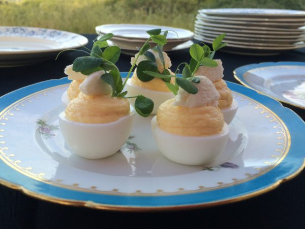Deviled eggs on a plate with greens.