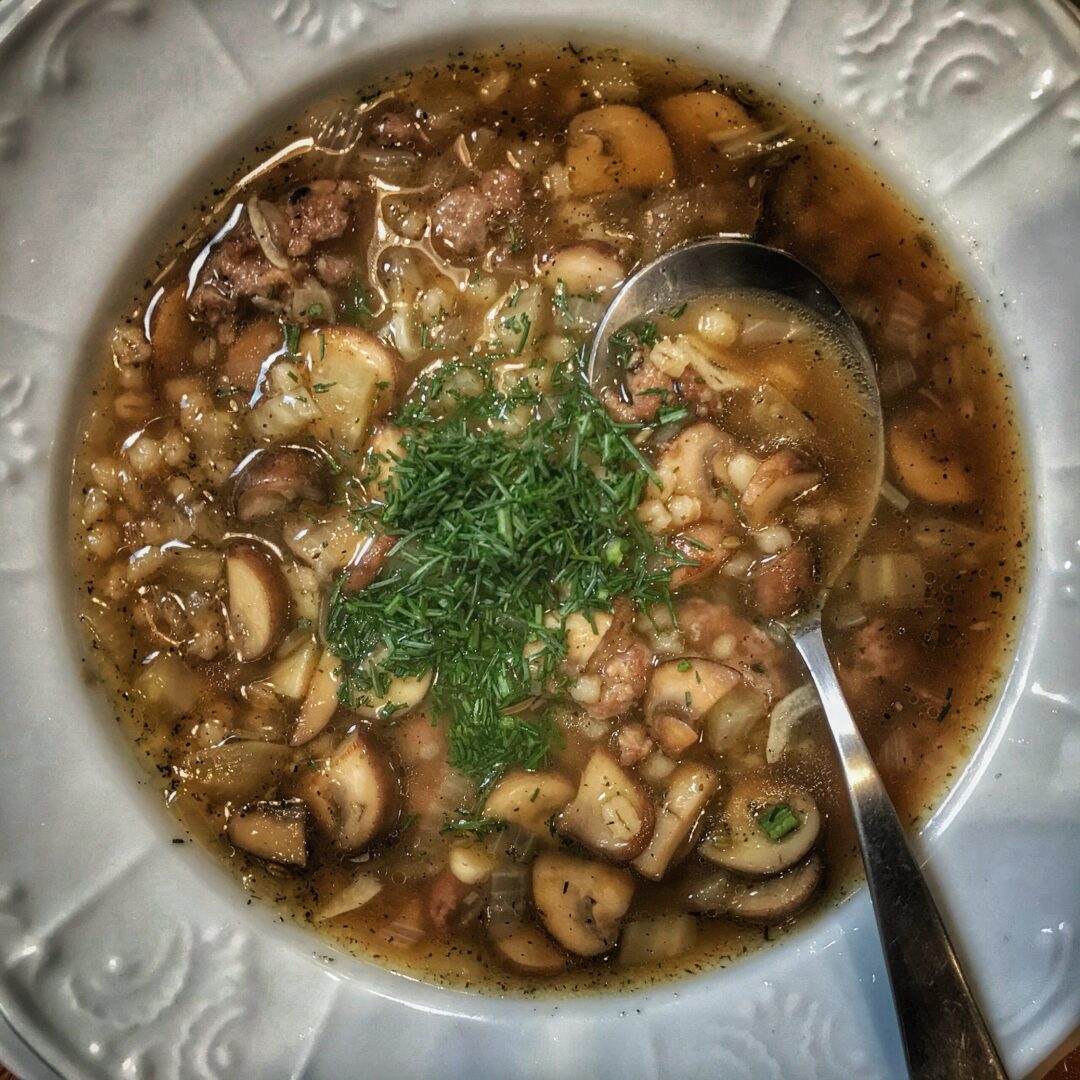 A bowl of soup with meat, mushrooms and dill.