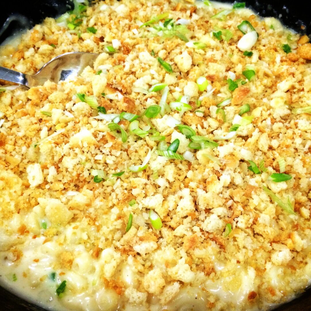 Gourmet macaroni and cheese in a skillet.