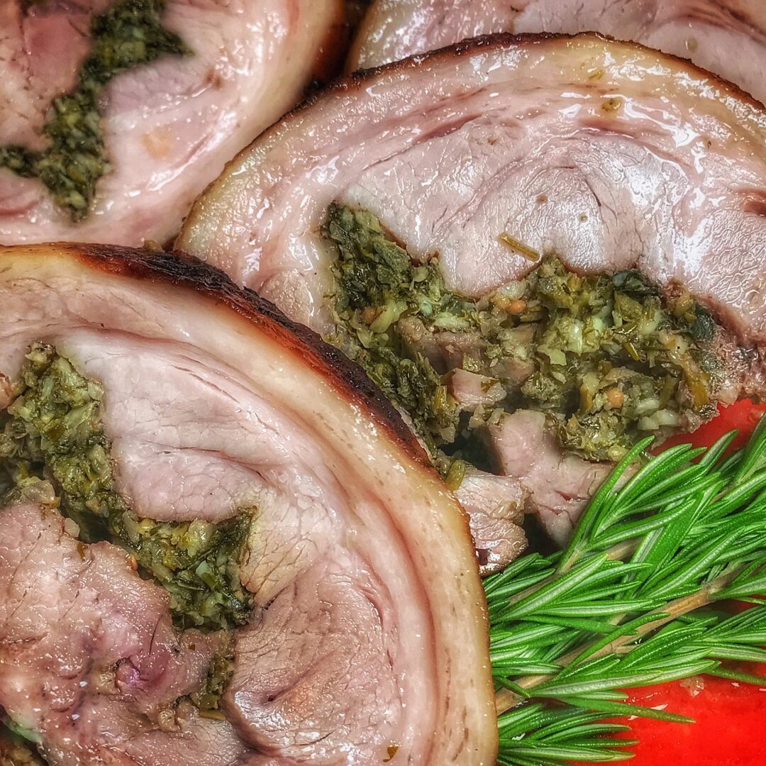 Stuffed pork loin with rosemary and thyme.